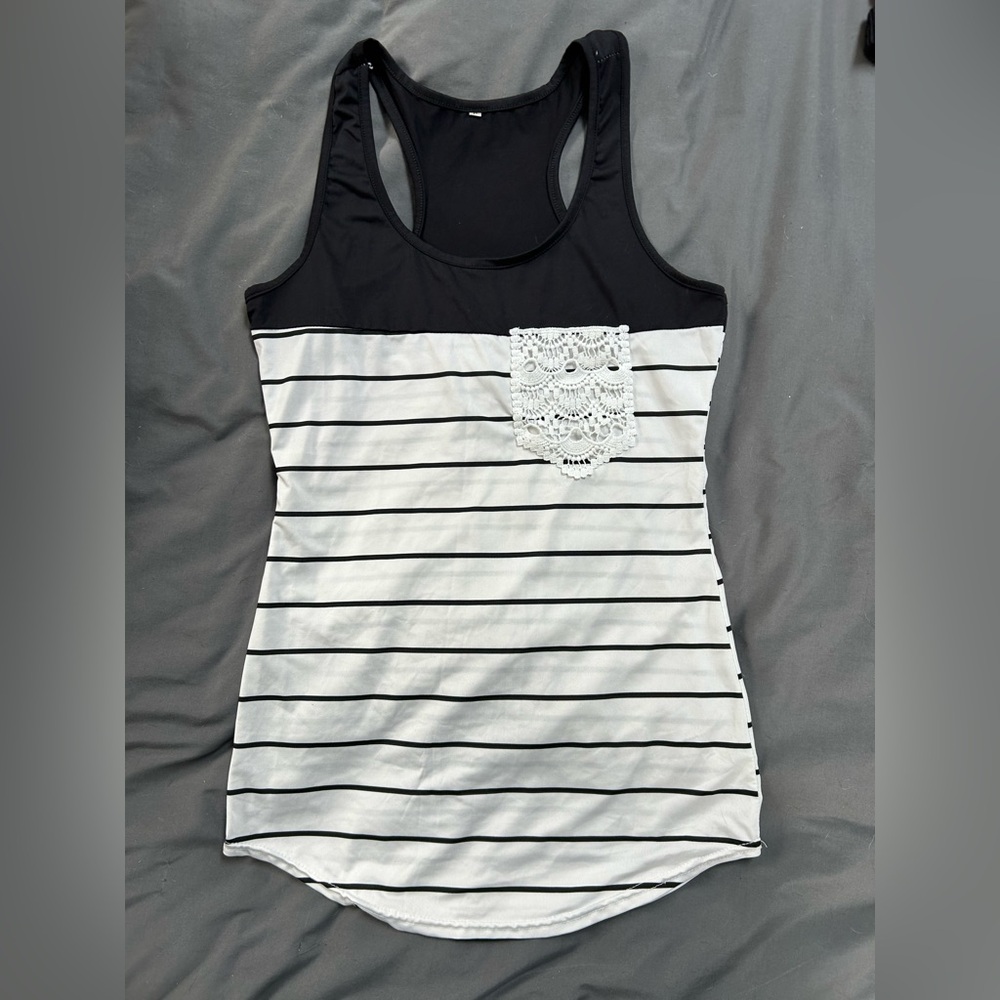 Black & White Striped Racerback Tank with Lace Pocket